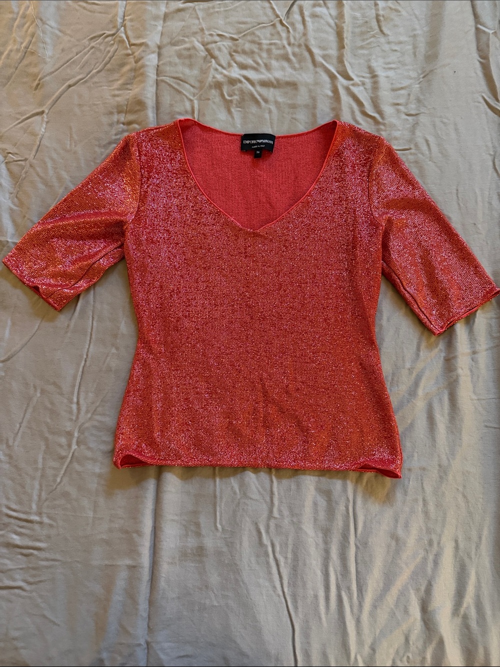 Emporio Armani Shimmer Red V-Neck Short Sleeve Top